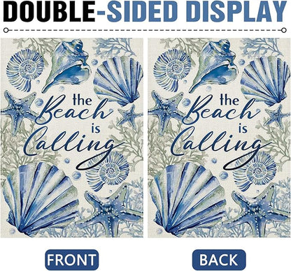 Dyrenson Spring Summer The Beach is Calling Decorative Garden Flag, Coastal Conch Starfish Coral Pearl Yard Outside Home Decorations, Nautical Seasonal Burlap Outdoor Small Decor Double Sided 12 x 18
