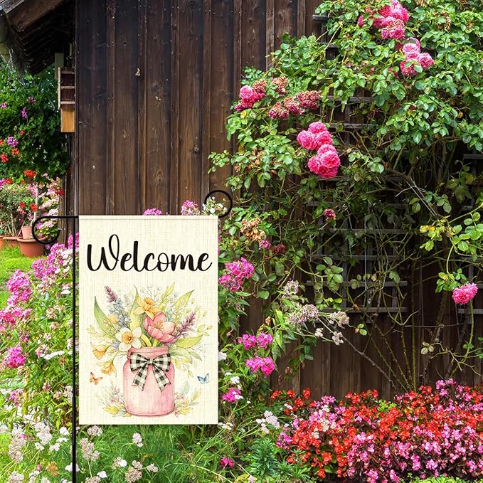 Welcome Spring Garden Flag for Outside,Mason Jar Spring Flowers Garden Flag Yard Lawn Porch Flags for Outdoor Decorations 12x18 Inch Double Sided
