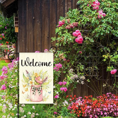 Welcome Spring Garden Flag for Outside,Mason Jar Spring Flowers Garden Flag Yard Lawn Porch Flags for Outdoor Decorations 12x18 Inch Double Sided