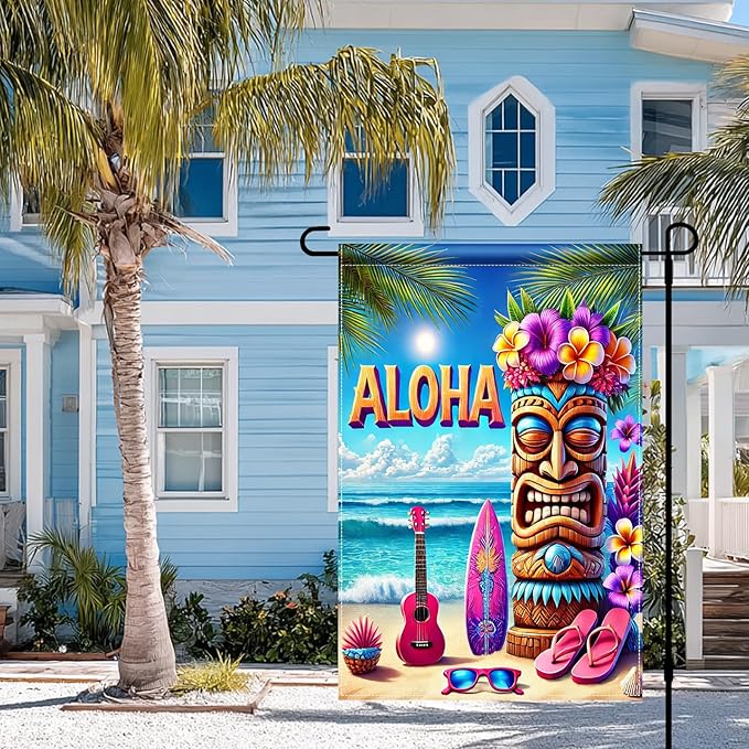 BlissYard Aloha Tiki Garden Flag 12x18 Double Sided Vertical Outdoor Decor Tropical Island Beach Tiki Mask Surf Guitar Summer Yard Garden Lawn Patio Banner