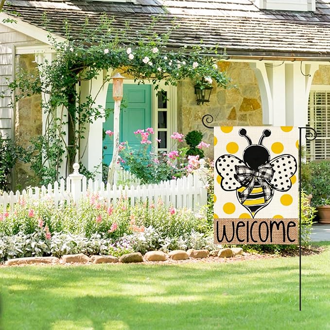 AVOIN colorlife Summer Polka Dot Bee Welcome Garden Flag 12x18 Inch Double Sided Outside, Seasonal Holiday Burlap Yard Outdoor Decoration
