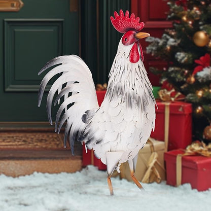 TERESA'S COLLECTIONS Garden Decor, White Rooster Garden Decor, Waterproof Metal Garden Statue, 17.5", Rooster Gifts, Garden Gifts for Women Mom Dad, Indoor/Outdoor