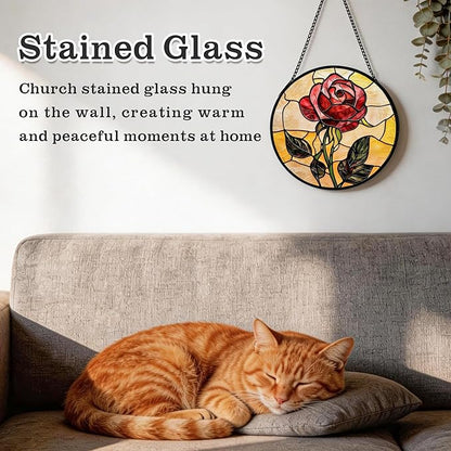 Sun Catcher Window Hanging Stained Glass, 4 pcs Floral Designs of Poppy Sunflower Rose Lily, for Bedroom Garden Kitchen Decor, Gifts for Mom, 6.3 Inch