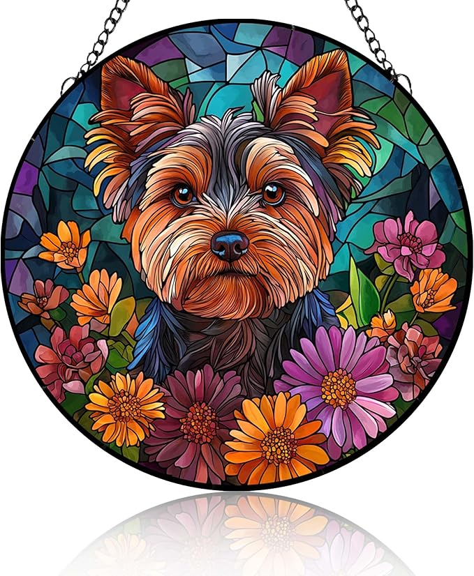 Yorkshire Terrier Stained Glass Suncatcher Dog Yorkie in Flowers Handmade Window Hangings Colored Glass Suncatcher Crafts Kits for Indoor Garden Home Decor Gift for Pet Lover Memorial (6.3in)