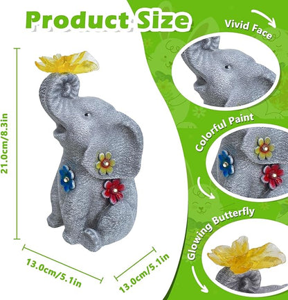 Lucky Elephant Garden Statue with Solar Butterfly Light - Prosperity Figurine with Rustic Finish & Colorful Accents - Waterproof Outdoor Decor for Home Entrance & Patio