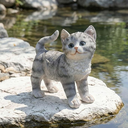 Real Grey Tabby Garden Statue - Resin Realistic Cat Sculpture, Pet Loss Memorial Stone, for Cat Lovers, Indoor/Outdoor Decor, Animal Figurine for Yard Ornaments