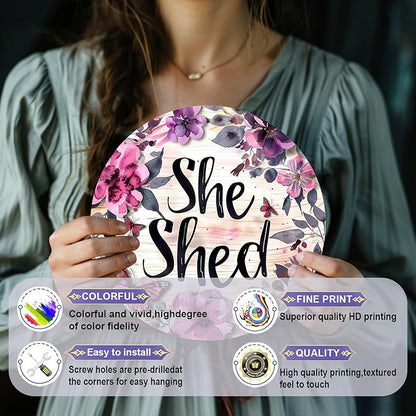 Vintage She Shed Round Metal Sign She Shed Decor Rustic Wreath Wall Decoration for Home Kitchen Garden Women Cave Indoor Outdoor Home Porch Window Decor 8 Inch