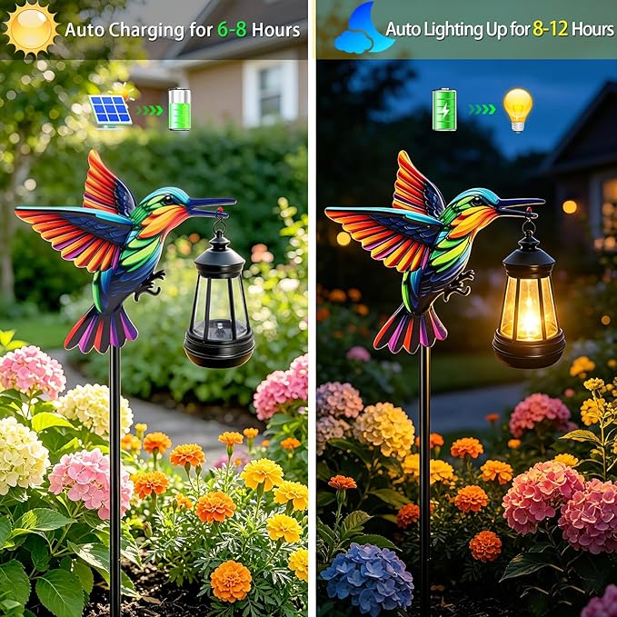2 Pack Solar Garden Statue Figurine with Solar Lanterns Outdoor Waterproof, Hummingbird Hanging Solar light, Solar Path Lights Yard Art, Outside Patio Garden Decor Gardening Gift for Mom Grandma Women