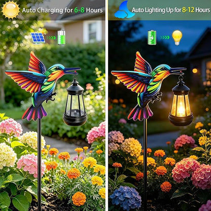 2 Pack Solar Garden Statue Figurine with Solar Lanterns Outdoor Waterproof, Hummingbird Hanging Solar light, Solar Path Lights Yard Art, Outside Patio Garden Decor Gardening Gift for Mom Grandma Women