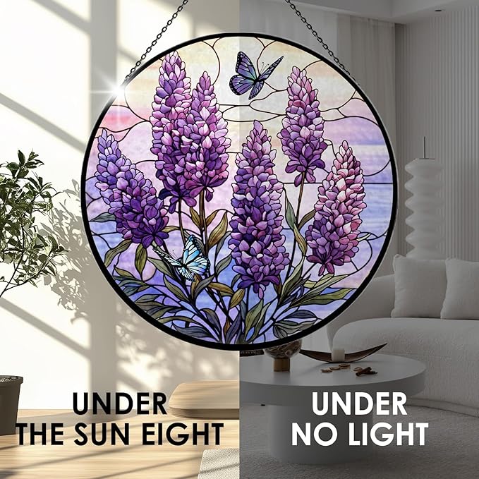 Lavender Stained Glass Window Hanging, 7.9" Lavender Butterfly Sun Catcher Glass Panel with Chain, Lavenders Gifts Hand Painted Round Wall Art Gifts for Women, Lavenders Decor Housewarming Gift