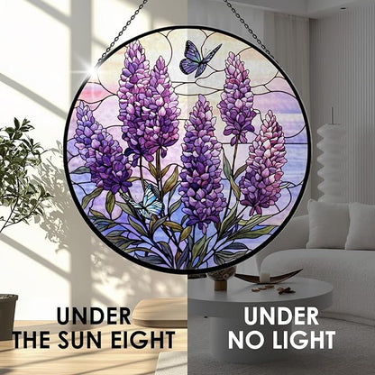 Lavender Stained Glass Window Hanging, 7.9" Lavender Butterfly Sun Catcher Glass Panel with Chain, Lavenders Gifts Hand Painted Round Wall Art Gifts for Women, Lavenders Decor Housewarming Gift