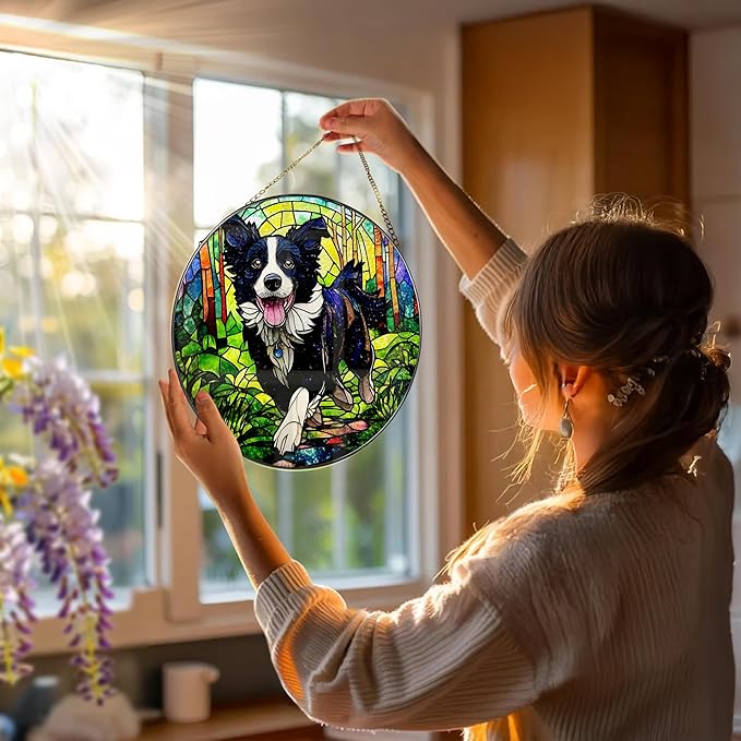 8″ Stained Glass Window Hanging Ornament, Border Collie Stained Glass Suncatcher Ornament, Sun-Catcher Window Decor | Gifts for Dog Lovers, Dog Lover Gift, Pet Lover Gift