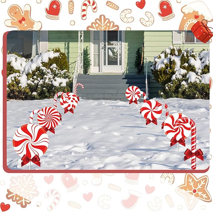 Glenmal 12 Pcs Christmas Yard Decor Outdoor Peppermint and Candy Cane Yard Decorations with Stakes Waterproof Xmas Garden Lawn Pathway Decorations Christmas Decor Outside(Red Peppermint)