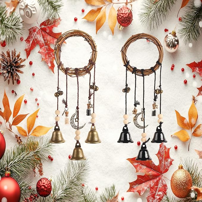 2 Pieces Witch Bells for Door Knob for Protection Hanging Bell Wind Chimes Handmade Decorative Bell for Boho Home Room Witchy Decor(Black Vintage)