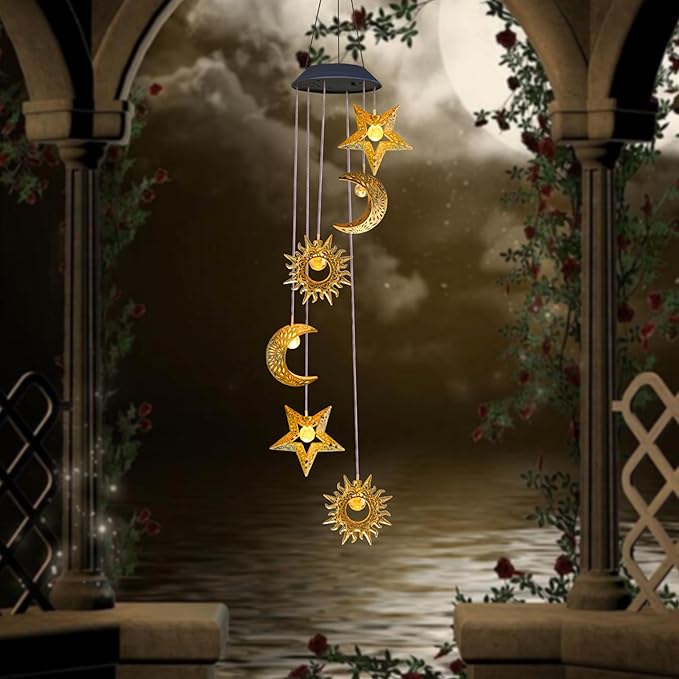 2 Pack Solar Wind Chimes for Outside Lights Sun Moon Star Outdoor Hanging Decor Warm Lights Prefert Gifts for Mom Wife Outdoor Windchimes for Garden Yard Patio Christmas Birthday Mothers Day