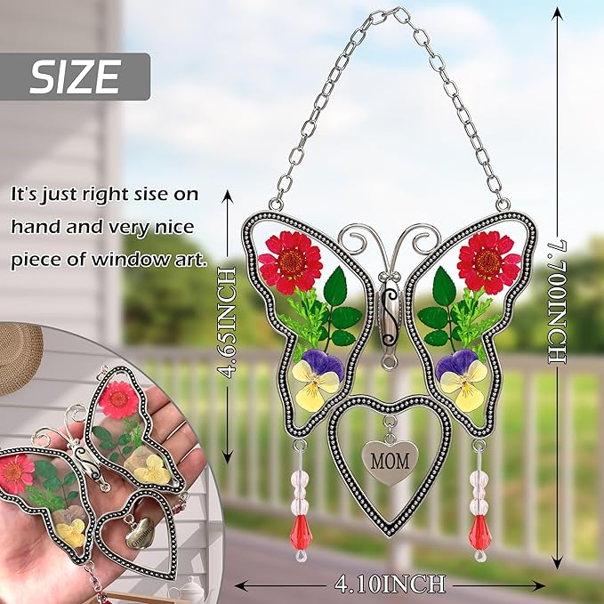 Butterfly Suncatcher Plus Mom Stained Glass Heart with Cross Charm, Window Hanger Sun Catcher with Real Flower Pressed on Wings Wind Chime Ornament for Gift fow Women Mother’s Day, Birthday