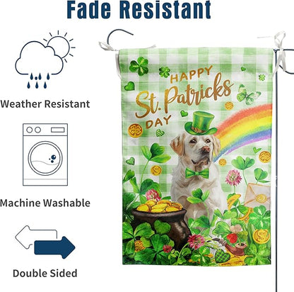 White Lab St Patricks Day Garden Flag Labrador Dog St Patrick's Day Yard Flags for Outside 12x18 Double Sided Buffalo Plaid Shamrock Flag Small Outdoor Rainbow St Patrick's Decor