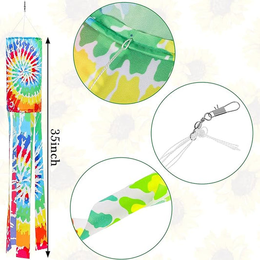 Moukeren 4 Pieces Tie Dye Windsock Flag Rainbow Color Tails Design Rainbow Windsock Flag Outdoor Hanging Decoration for Home Yard Garden Balcony Decoration(40 Inch)
