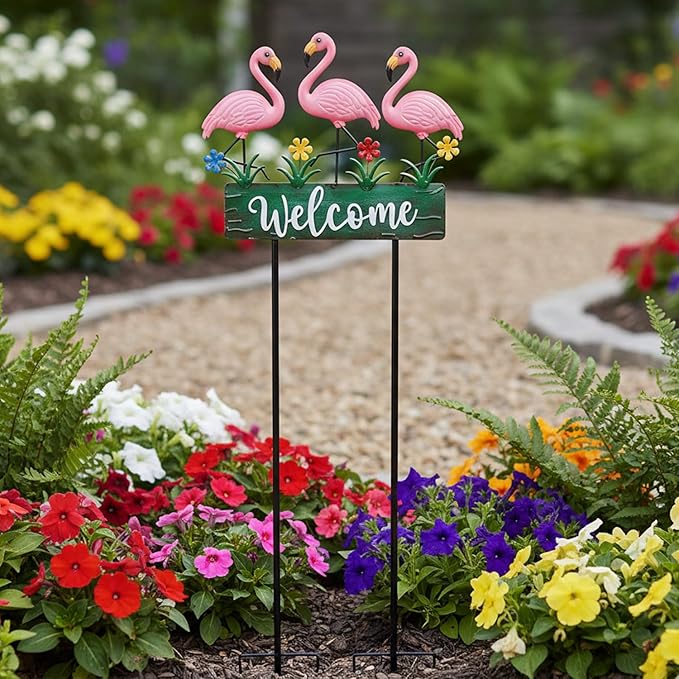 43.3inch Flamingo Garden Stakes with Vintage Welcome Yard Sign, Flamingo Outdoor Decor Metal Yard Art Ornaments for Outside Landscape, for Wife