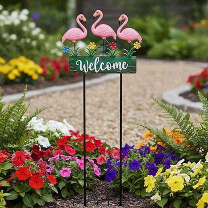 43.3inch Flamingo Garden Stakes with Vintage Welcome Yard Sign, Flamingo Outdoor Decor Metal Yard Art Ornaments for Outside Landscape, for Wife