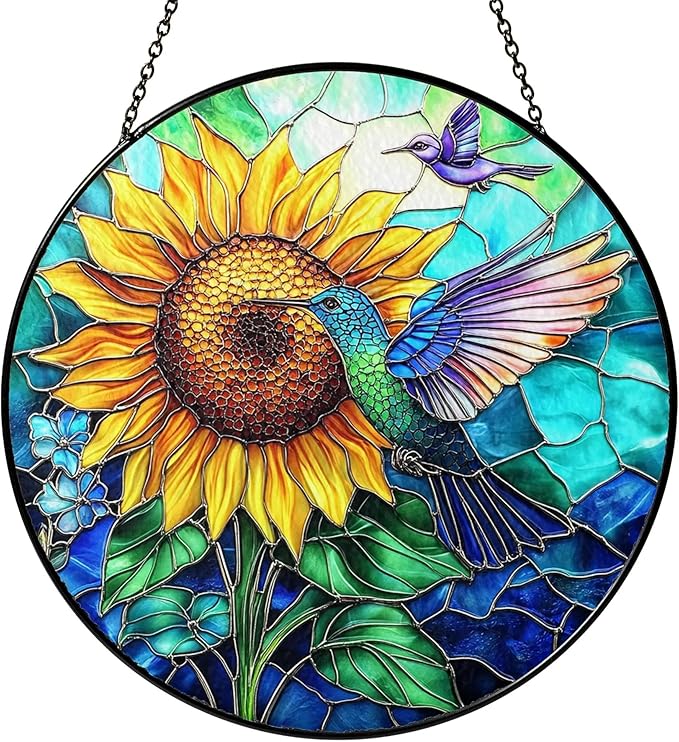 Hummingbird Stained Glass Suncatcher – Sunflower Window Decor, Memorial Hanging Ornament, Bird Lover Gift for Women Adults, Mom, Grandma, Friends, Christmas & Birthday Gifts, Mother’s Day Present