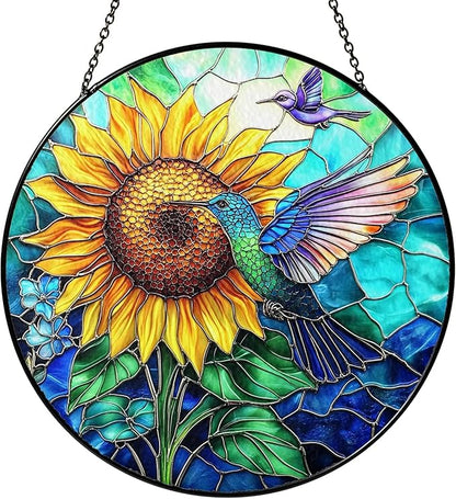 Hummingbird Stained Glass Suncatcher – Sunflower Window Decor, Memorial Hanging Ornament, Bird Lover Gift for Women Adults, Mom, Grandma, Friends, Christmas & Birthday Gifts, Mother’s Day Present