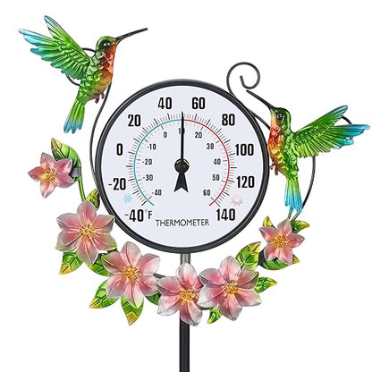 Outdoor Indoor Wall Thermometer with Hummingbird Metal Stake Outside Waterproof Decorative Temperature for Lawn Yard Pathway Patio No Batteries Required