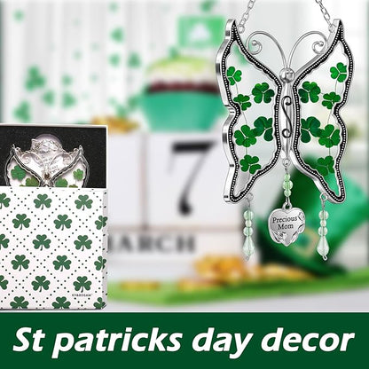KY&BOSAM Shamrock Butterfly Suncatcher Precious Mom Gifts Irish Celtic for Window Hanging Wind Chime Real Flower Wings with Metal Charm Gifts for Women St Patrick's Mothers Day Birthday Christmas