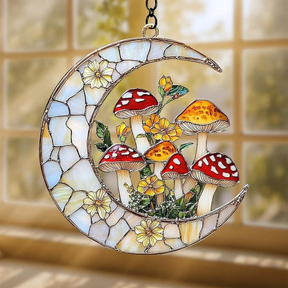 Crescent Moon Mushroom Acrylic Suncatcher, Boho Suncatchers for Window Hangings, Stained Glass Effect Indoor Outdoor Garden Decor for Bohemian Lover, Gifts for Mother's Day, Mom, Grandma, Wife, Women