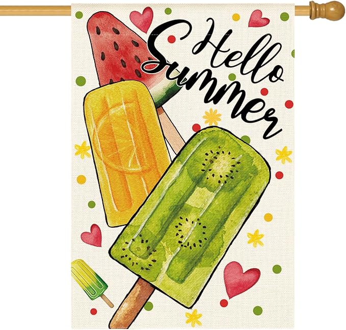 AVOIN colorlife Hello Summer Popsicles House Flag 28x40 Inch Double Sided Outside, Welcome Seasonal Burlap Yard Outdoor Decoration