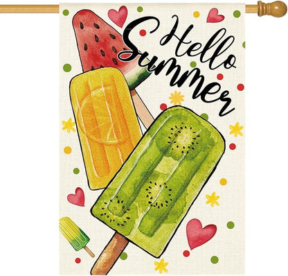 AVOIN colorlife Hello Summer Popsicles House Flag 28x40 Inch Double Sided Outside, Welcome Seasonal Burlap Yard Outdoor Decoration