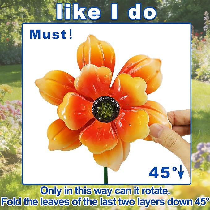 Metal Retro Flower Wind Spinner Art, Guangxie Yard Decorations Outdoor - 2 Pack for Outdoor, Patio, Backyard and Flower Bed Spring Decor (Orange & Purple)