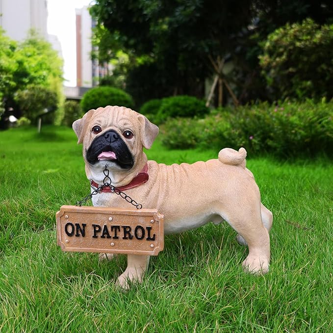 Sunny Pug Welcome Sign with Solar Lantern, Standing Yellow Pug Garden Sculpture for Balcony, Patio Nooks, Flower Borders & Entry Steps