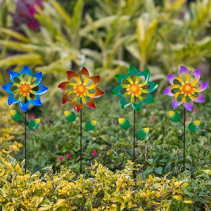 4 Pack Wind Spinners Outdoor, Colorful Metal Flower Windmill, Small Pinwheels Decorative Garden Stakes for Yard Patio Lawn Garden Decor, 27 x 7 Inches