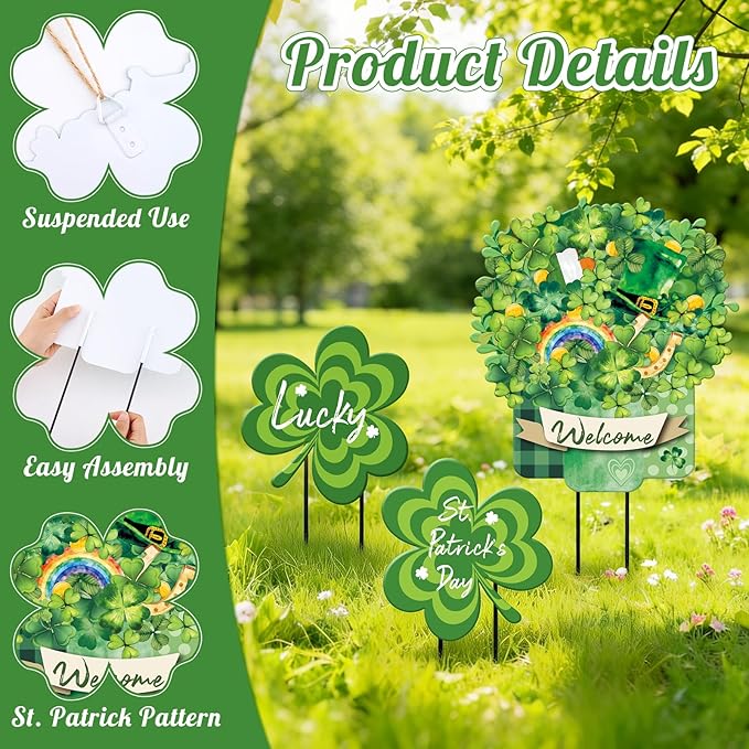 Lawnldyll 3 Pcs Metal St. Patrick's Day Yard Signs with Lucky Shamrocks Happy St. Patrick's Day Hanging Door Decor Welcome Yard Stakes for Irish Holiday Home Patio Lawn Outdoor Indoor Decor