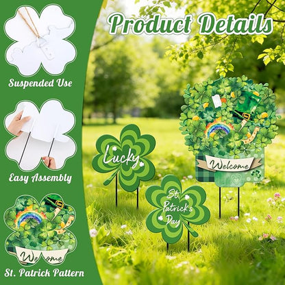 Lawnldyll 3 Pcs Metal St. Patrick's Day Yard Signs with Lucky Shamrocks Happy St. Patrick's Day Hanging Door Decor Welcome Yard Stakes for Irish Holiday Home Patio Lawn Outdoor Indoor Decor