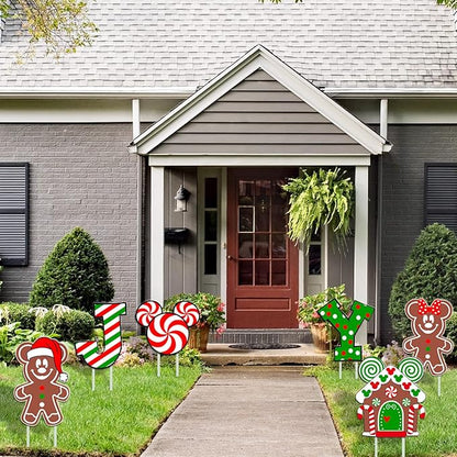 6Pcs Candy Outdoor Mouse Gingerbread Yard Signs - Candy Cane Peppermint Decorations - Waterproof Lawn Signs for Pathway Walkway Decor