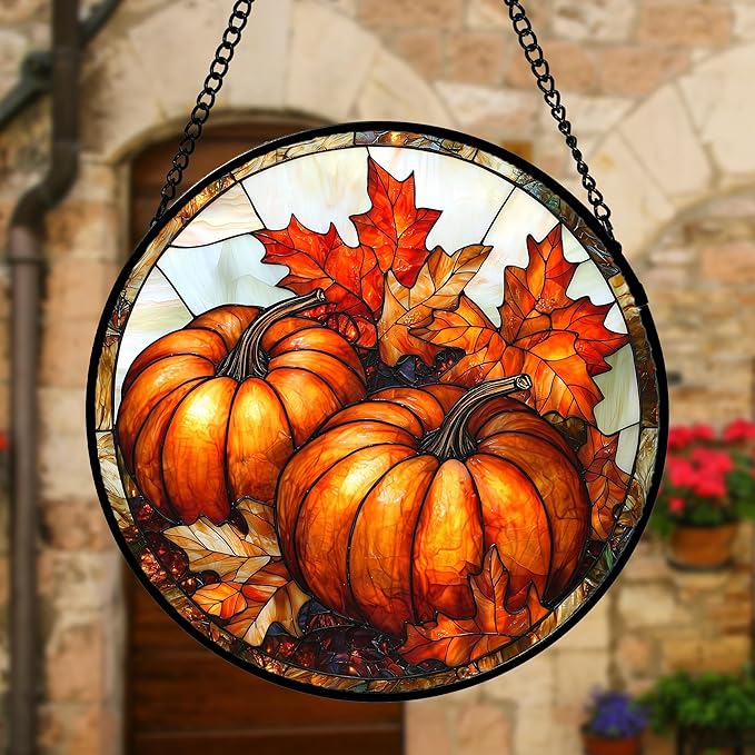 DASTOLL Stained Glass Window Hanging, Pumpkin Maple Leaf Suncatcher for Doors Home Sun Catchers Decoration and Christmas, Mother's Day Birthday Gifts for Women, Men, and Mom 11.8x11.8 in