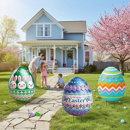 DoubleFill 3 Pcs Easter Decorations Outdoor 3D Metal Easter Eggs Yard Signs Decorative Garden Stakes Eggs Bunny Lawn Decorations Yard Decor for Spring Ornament Lawn Pathway Garden(Classic Style)