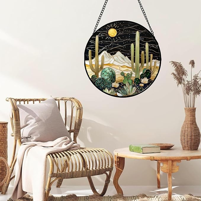 DASTOLL Stained Glass Window Hanging, Black and White Golden Cactus Nature Suncatcher for Doors Window Home Starry Sky Sun Catchers Decor Mother's Day Birthday Gifts for Women, Men Mom 9.8 in