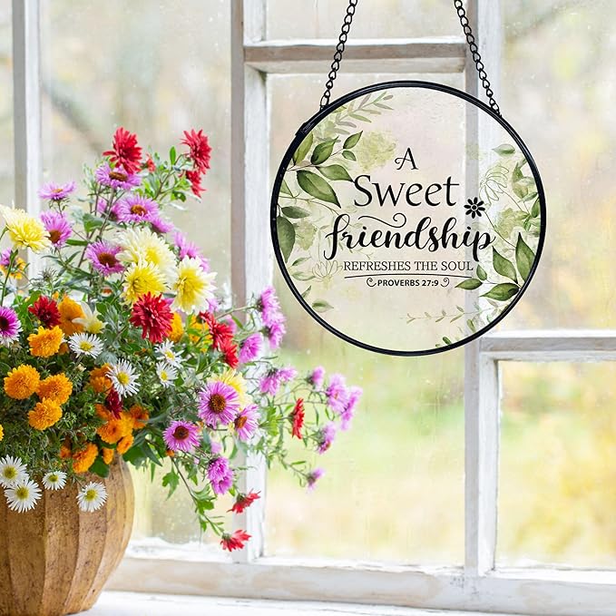 Friendship Gifts, Christian Suncatchers Stained Glass Window Hanging, Friendship Gifts for Women, a Sweet Friendship Refreshes Sun Catchers Indoor Window Glass Round Wall Decor, 7.9x7.9in