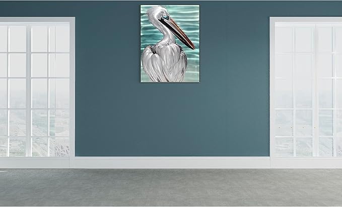SYGALLERIER Metal Wall Art - Handcrafted Pelican Birds on 24x16 inch Aluminum Panel Coastal and Beach Theme - Light Blue Living Room, Bedroom, Bathroom Decor