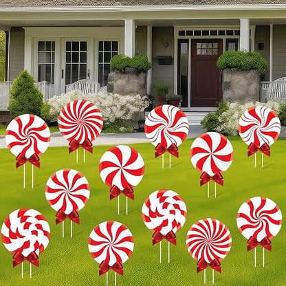 Glenmal 12 Pcs Christmas Outdoor Yard Signs Peppermint Corrugated Yard Decorations with Stakes and Bow Xmas Decorations Garden Sign Waterproof Cardboard Lawn Signs for Pathway Walkway (Peppermint)