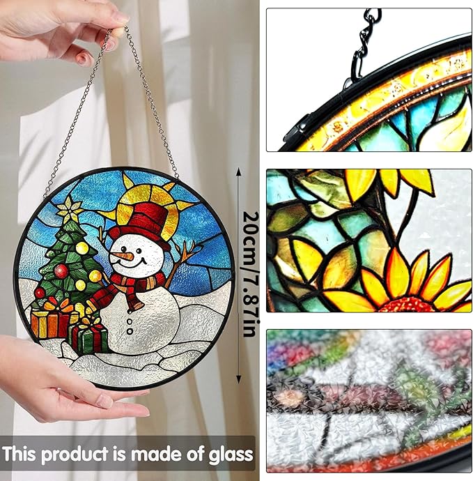 Bimkole Snowman Stained Glass Suncatcher Window Hanging - Christmas Tree Indoor Window or Doorway Decoration - Handmade Sun Catcher Decor for Garden Home Christmas & Birthday Gifts 7.87x7.87 Inch