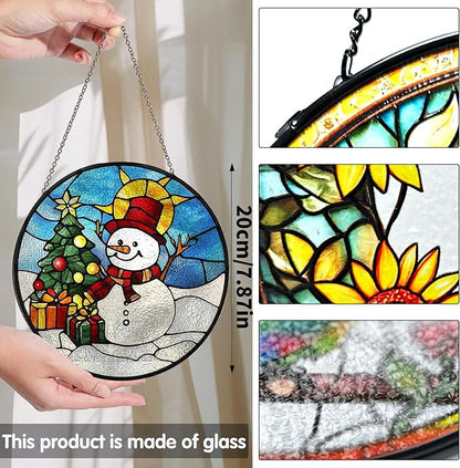 Bimkole Snowman Stained Glass Suncatcher Window Hanging - Christmas Tree Indoor Window or Doorway Decoration - Handmade Sun Catcher Decor for Garden Home Christmas & Birthday Gifts 7.87x7.87 Inch