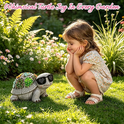 Unique Solar Garden Turtle Statue with I Love You LED Sunglasses and Succulent LED Lights, Lawn Decor Tortoise Figurine for Patio, Balcony Yard Ornament for Mom, Women & Grandma