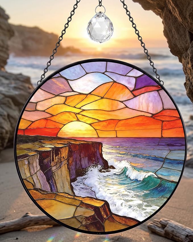Stained Glass Window Hanging Sun Catcher, 7.8 Inch Ocean Wave Sunrise Suncatcher for Windows Home Decor, Sun Catchers Indoor Window Decoration, Birthday Gifts for Women and Mom
