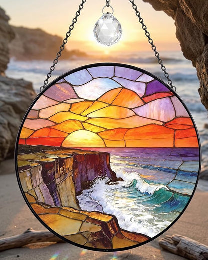 Stained Glass Window Hanging Sun Catcher, 7.8 Inch Ocean Wave Sunrise Suncatcher for Windows Home Decor, Sun Catchers Indoor Window Decoration, Birthday Gifts for Women and Mom