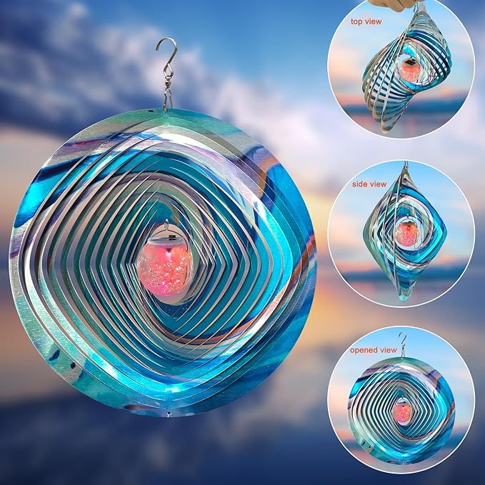 FONMY Mandala Wind Spinner w/Solar Ball 3D Stainless Steel Hanging Wind Spinners Worth Gift Christmas Decoration Indoor/Outdoor Garden Décor Kinetic Yard Art 12 Inches Multi Blue Wind Sculpture