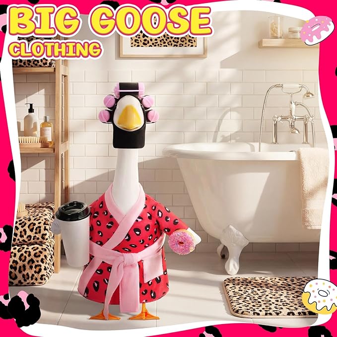 Shyyween Lady Porch Goose Outfit for 23'' Cement Plastic Lawn Goose Statue Clothes Pink Leopard Bathrobe Coffee Cup Curlers for Outdoor Garden Yard Patio Decoration